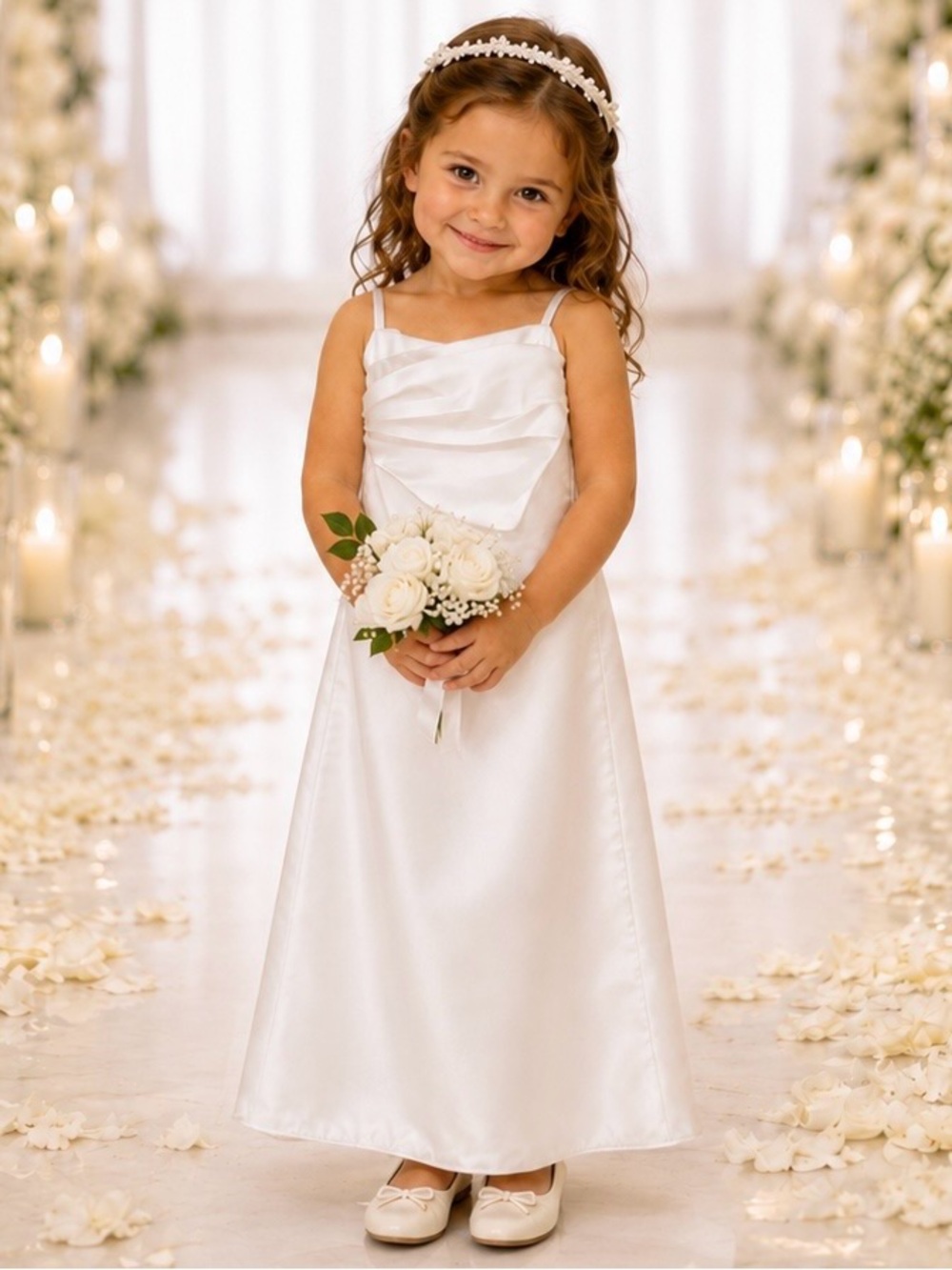 Alfred Angelo Girls White Satin Ruched Spaghetti Strap Formal Dress